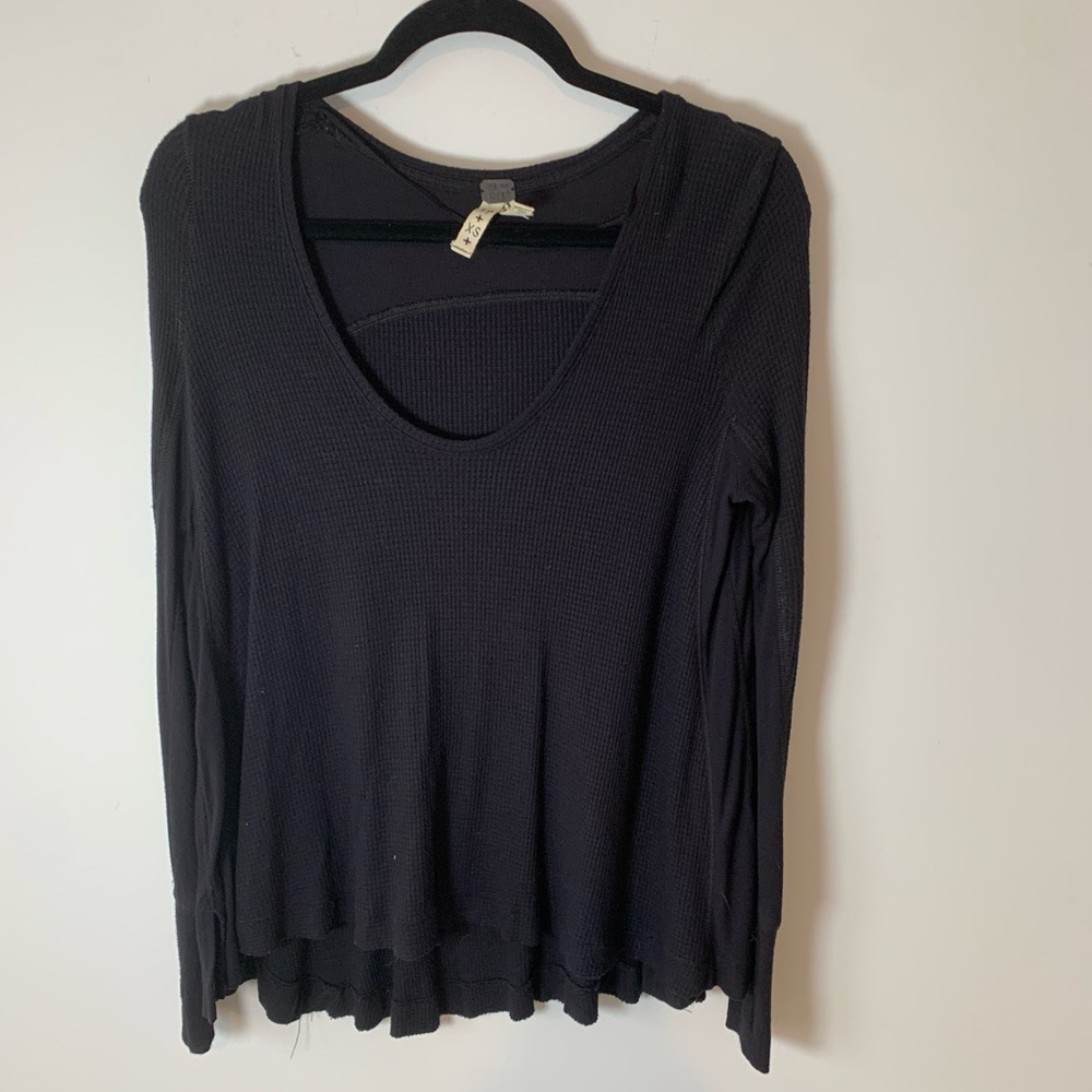 We The Free Charcoal black cotton waffle knit  Long Sleeve Top XS oversized